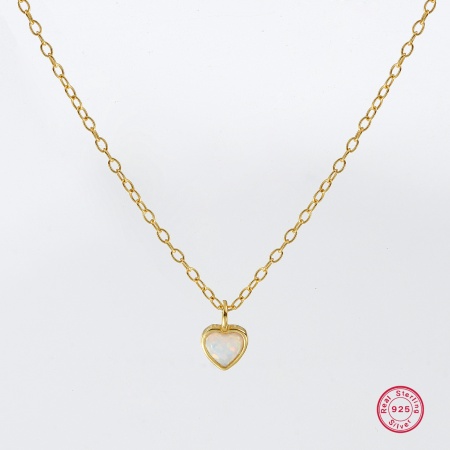 1 Piece Sterling Silver & Synthetic Opal Valentine's Day Pendant Charm Necklace 18K Gold Plated White Heart 40cm(15.7") + 5cm(2") long