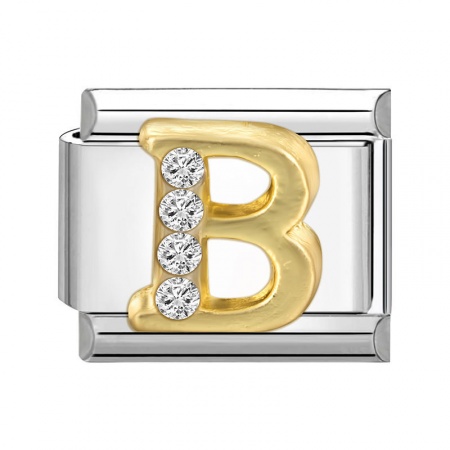 Picture of 1 Piece 304 Stainless Steel Capital Alphabet Initial Letter Name Italian Charm Links For DIY Bracelet Jewelry Making Silver Tone Golden Rectangle Message " B " Clear Rhinestone 10mm x 9mm