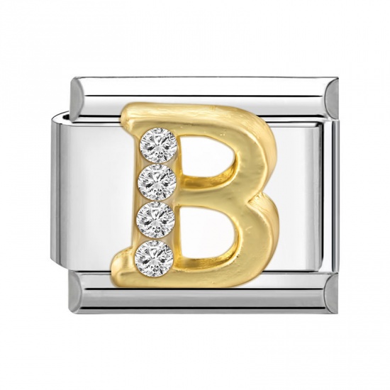 1 Piece 304 Stainless Steel Capital Alphabet Initial Letter Name Italian Charm Links For DIY Bracelet Jewelry Making Silver Tone Golden Rectangle Message " B " Clear Rhinestone 10mm x 9mm の画像