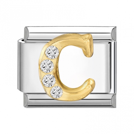 1 Piece 304 Stainless Steel Capital Alphabet Initial Letter Name Italian Charm Links For DIY Bracelet Jewelry Making Silver Tone Golden Rectangle Message " C " Clear Rhinestone 10mm x 9mm の画像