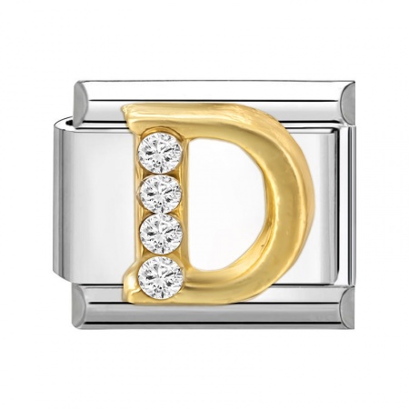 Picture of 1 Piece 304 Stainless Steel Capital Alphabet Initial Letter Name Italian Charm Links For DIY Bracelet Jewelry Making Silver Tone Golden Rectangle Message " D " Clear Rhinestone 10mm x 9mm