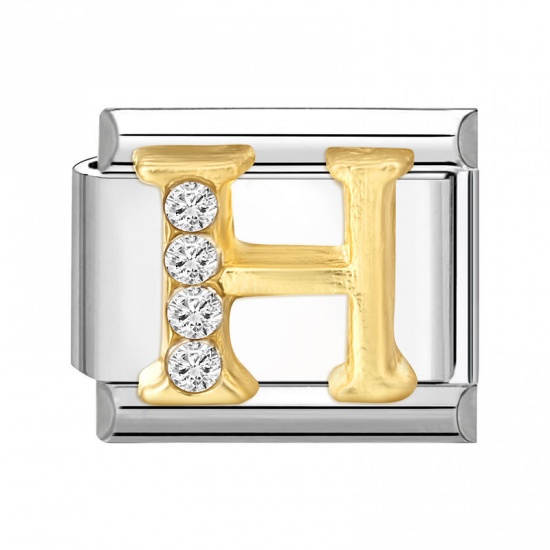 1 Piece 304 Stainless Steel Capital Alphabet Initial Letter Name Italian Charm Links For DIY Bracelet Jewelry Making Silver Tone Golden Rectangle Message " H " Clear Rhinestone 10mm x 9mm の画像