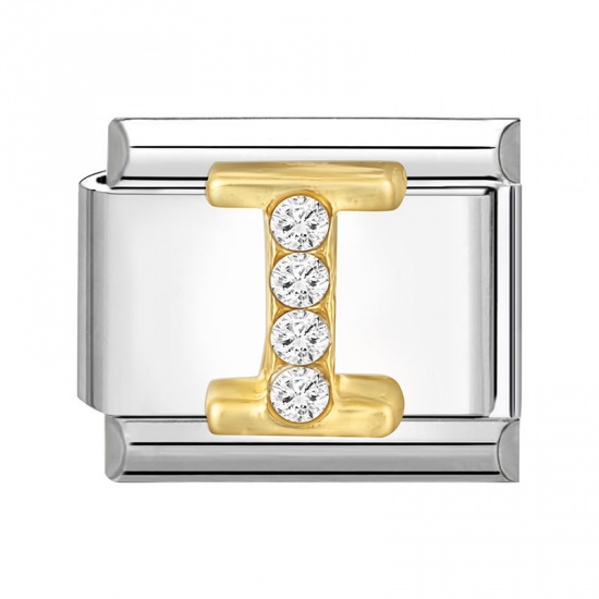 1 Piece 304 Stainless Steel Capital Alphabet Initial Letter Name Italian Charm Links For DIY Bracelet Jewelry Making Silver Tone Golden Rectangle Message " I " Clear Rhinestone 10mm x 9mm の画像