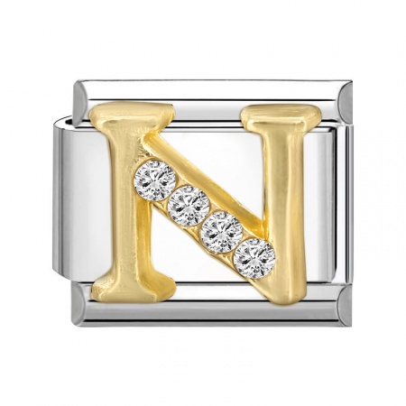 Picture of 1 Piece 304 Stainless Steel Capital Alphabet Initial Letter Name Italian Charm Links For DIY Bracelet Jewelry Making Silver Tone Golden Rectangle Message " N " Clear Rhinestone 10mm x 9mm