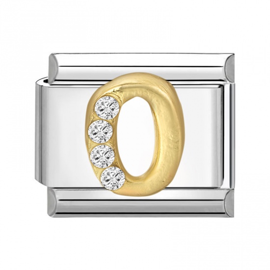 1 Piece 304 Stainless Steel Capital Alphabet Initial Letter Name Italian Charm Links For DIY Bracelet Jewelry Making Silver Tone Golden Rectangle Message " O " Clear Rhinestone 10mm x 9mm の画像