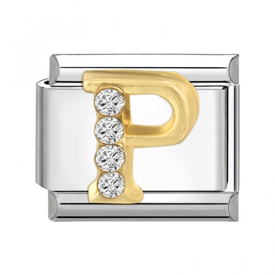 1 Piece 304 Stainless Steel Capital Alphabet Initial Letter Name Italian Charm Links For DIY Bracelet Jewelry Making Silver Tone Golden Rectangle Message " P " Clear Rhinestone 10mm x 9mm の画像