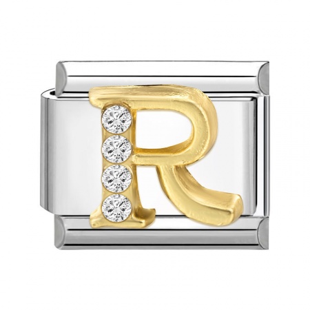 Picture of 1 Piece 304 Stainless Steel Capital Alphabet Initial Letter Name Italian Charm Links For DIY Bracelet Jewelry Making Silver Tone Golden Rectangle Message " R " Clear Rhinestone 10mm x 9mm
