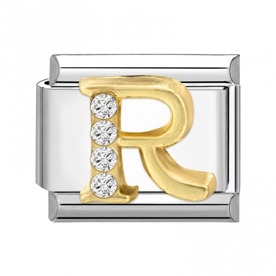 1 Piece 304 Stainless Steel Capital Alphabet Initial Letter Name Italian Charm Links For DIY Bracelet Jewelry Making Silver Tone Golden Rectangle Message " R " Clear Rhinestone 10mm x 9mm の画像