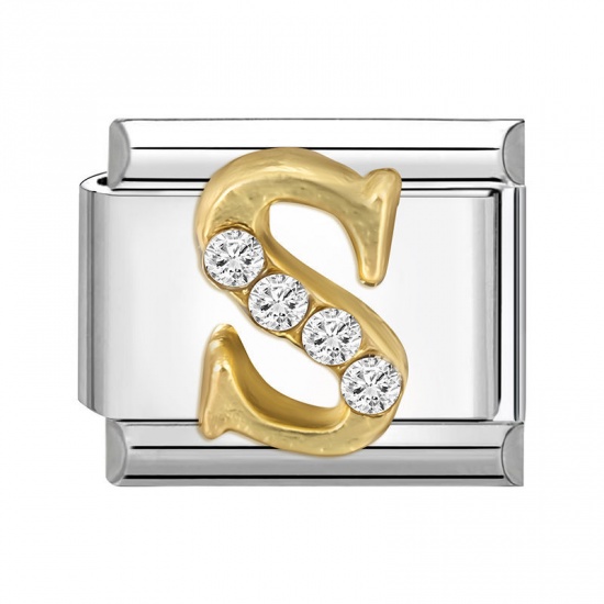 1 Piece 304 Stainless Steel Capital Alphabet Initial Letter Name Italian Charm Links For DIY Bracelet Jewelry Making Silver Tone Golden Rectangle Message " S " Clear Rhinestone 10mm x 9mm の画像