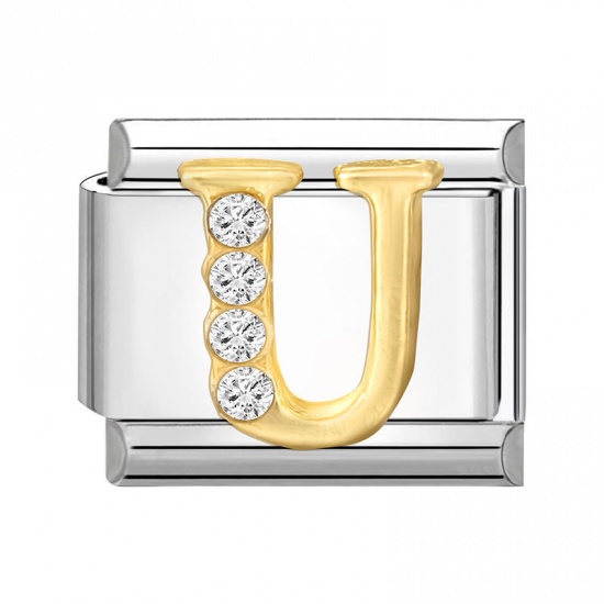1 Piece 304 Stainless Steel Capital Alphabet Initial Letter Name Italian Charm Links For DIY Bracelet Jewelry Making Silver Tone Golden Rectangle Message " U " Clear Rhinestone 10mm x 9mm の画像