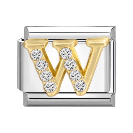 Picture of 1 Piece 304 Stainless Steel Capital Alphabet Initial Letter Name Italian Charm Links For DIY Bracelet Jewelry Making Silver Tone Golden Rectangle Message " W " Clear Rhinestone 10mm x 9mm