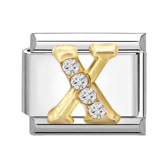 1 Piece 304 Stainless Steel Capital Alphabet Initial Letter Name Italian Charm Links For DIY Bracelet Jewelry Making Silver Tone Golden Rectangle Message " X " Clear Rhinestone 10mm x 9mm の画像