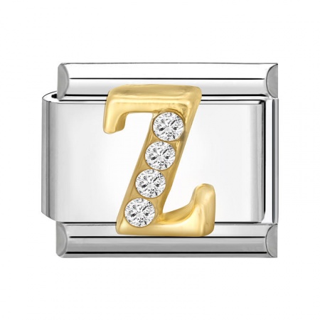 Picture of 1 Piece 304 Stainless Steel Capital Alphabet Initial Letter Name Italian Charm Links For DIY Bracelet Jewelry Making Silver Tone Golden Rectangle Message " Z " Clear Rhinestone 10mm x 9mm