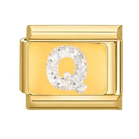 Picture of 1 Piece 304 Stainless Steel Capital Alphabet Initial Letter Name Italian Charm Links For DIY Bracelet Jewelry Making Gold Plated White Enamel Rectangle Message " Q " Sequins 10mm x 9mm