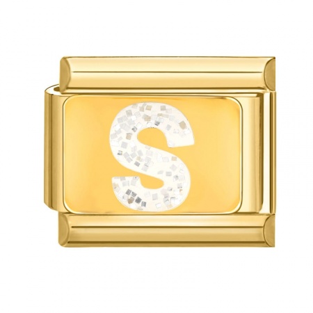 Picture of 1 Piece 304 Stainless Steel Capital Alphabet Initial Letter Name Italian Charm Links For DIY Bracelet Jewelry Making Gold Plated White Enamel Rectangle Message " S " Sequins 10mm x 9mm