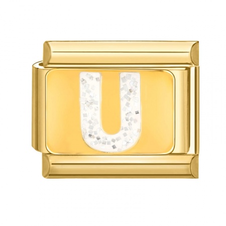 Picture of 1 Piece 304 Stainless Steel Capital Alphabet Initial Letter Name Italian Charm Links For DIY Bracelet Jewelry Making Gold Plated White Enamel Rectangle Message " U " Sequins 10mm x 9mm