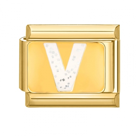 Picture of 1 Piece 304 Stainless Steel Capital Alphabet Initial Letter Name Italian Charm Links For DIY Bracelet Jewelry Making Gold Plated White Enamel Rectangle Message " V " Sequins 10mm x 9mm
