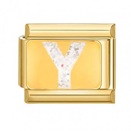 Picture of 1 Piece 304 Stainless Steel Capital Alphabet Initial Letter Name Italian Charm Links For DIY Bracelet Jewelry Making Gold Plated White Enamel Rectangle Message " Y " Sequins 10mm x 9mm