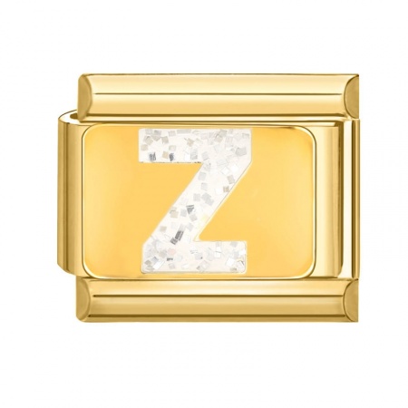 Picture of 1 Piece 304 Stainless Steel Capital Alphabet Initial Letter Name Italian Charm Links For DIY Bracelet Jewelry Making Gold Plated White Enamel Rectangle Message " Z " Sequins 10mm x 9mm