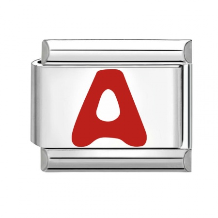 Picture of 1 Piece 304 Stainless Steel Capital Alphabet Initial Letter Name Italian Charm Links For DIY Bracelet Jewelry Making Silver Tone Red Enamel Rectangle Message " A " 10mm x 9mm