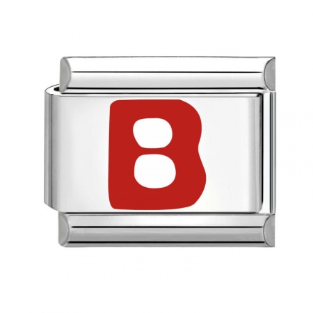 Picture of 1 Piece 304 Stainless Steel Capital Alphabet Initial Letter Name Italian Charm Links For DIY Bracelet Jewelry Making Silver Tone Red Enamel Rectangle Message " B " 10mm x 9mm