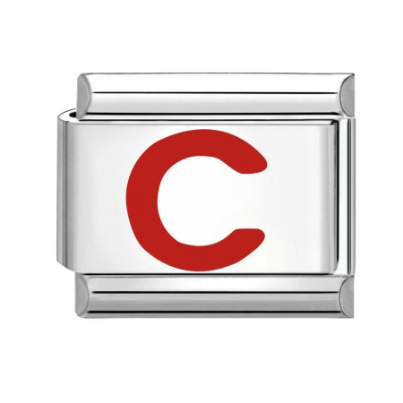 Picture of 1 Piece 304 Stainless Steel Capital Alphabet Initial Letter Name Italian Charm Links For DIY Bracelet Jewelry Making Silver Tone Red Enamel Rectangle Message " C " 10mm x 9mm