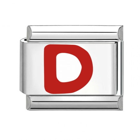 Picture of 1 Piece 304 Stainless Steel Capital Alphabet Initial Letter Name Italian Charm Links For DIY Bracelet Jewelry Making Silver Tone Red Enamel Rectangle Message " D " 10mm x 9mm