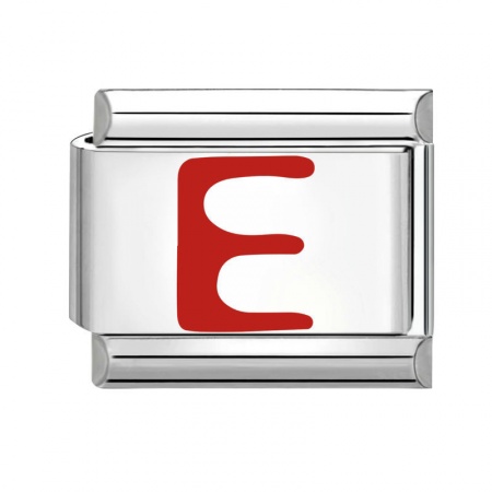 Picture of 1 Piece 304 Stainless Steel Capital Alphabet Initial Letter Name Italian Charm Links For DIY Bracelet Jewelry Making Silver Tone Red Enamel Rectangle Message " E " 10mm x 9mm