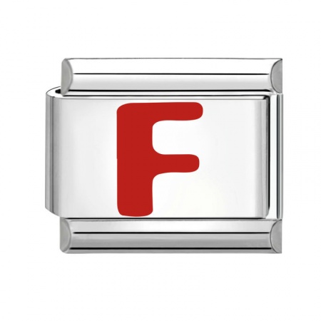 Picture of 1 Piece 304 Stainless Steel Capital Alphabet Initial Letter Name Italian Charm Links For DIY Bracelet Jewelry Making Silver Tone Red Enamel Rectangle Message " F " 10mm x 9mm