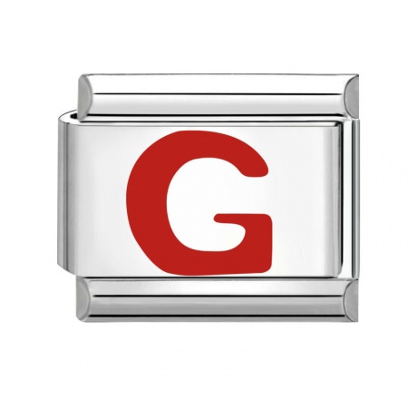 Picture of 1 Piece 304 Stainless Steel Capital Alphabet Initial Letter Name Italian Charm Links For DIY Bracelet Jewelry Making Silver Tone Red Enamel Rectangle Message " G " 10mm x 9mm