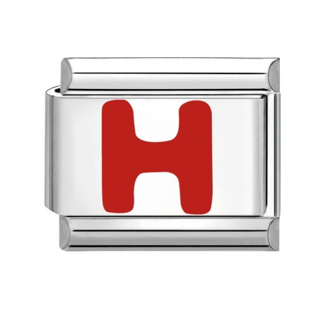Picture of 1 Piece 304 Stainless Steel Capital Alphabet Initial Letter Name Italian Charm Links For DIY Bracelet Jewelry Making Silver Tone Red Enamel Rectangle Message " H " 10mm x 9mm