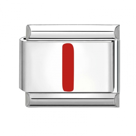 Picture of 1 Piece 304 Stainless Steel Capital Alphabet Initial Letter Name Italian Charm Links For DIY Bracelet Jewelry Making Silver Tone Red Enamel Rectangle Message " I " 10mm x 9mm