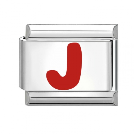 Picture of 1 Piece 304 Stainless Steel Capital Alphabet Initial Letter Name Italian Charm Links For DIY Bracelet Jewelry Making Silver Tone Red Enamel Rectangle Message " J " 10mm x 9mm