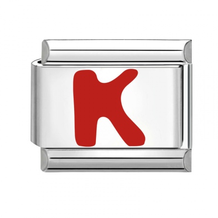 Picture of 1 Piece 304 Stainless Steel Capital Alphabet Initial Letter Name Italian Charm Links For DIY Bracelet Jewelry Making Silver Tone Red Enamel Rectangle Message " K " 10mm x 9mm