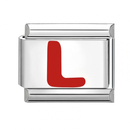 Picture of 1 Piece 304 Stainless Steel Capital Alphabet Initial Letter Name Italian Charm Links For DIY Bracelet Jewelry Making Silver Tone Red Enamel Rectangle Message " L " 10mm x 9mm
