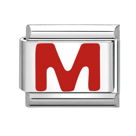 Picture of 1 Piece 304 Stainless Steel Capital Alphabet Initial Letter Name Italian Charm Links For DIY Bracelet Jewelry Making Silver Tone Red Enamel Rectangle Message " M " 10mm x 9mm