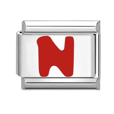 Picture of 1 Piece 304 Stainless Steel Capital Alphabet Initial Letter Name Italian Charm Links For DIY Bracelet Jewelry Making Silver Tone Red Enamel Rectangle Message " N " 10mm x 9mm