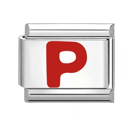 Picture of 1 Piece 304 Stainless Steel Capital Alphabet Initial Letter Name Italian Charm Links For DIY Bracelet Jewelry Making Silver Tone Red Enamel Rectangle Message " P " 10mm x 9mm