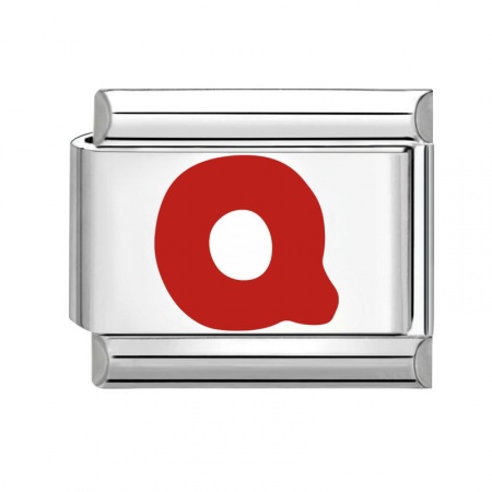 Picture of 1 Piece 304 Stainless Steel Capital Alphabet Initial Letter Name Italian Charm Links For DIY Bracelet Jewelry Making Silver Tone Red Enamel Rectangle Message " Q " 10mm x 9mm