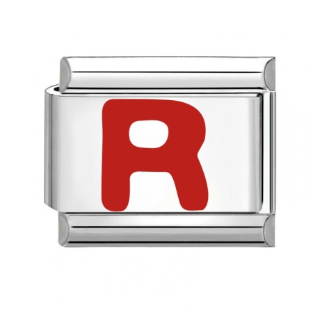 Picture of 1 Piece 304 Stainless Steel Capital Alphabet Initial Letter Name Italian Charm Links For DIY Bracelet Jewelry Making Silver Tone Red Enamel Rectangle Message " R " 10mm x 9mm