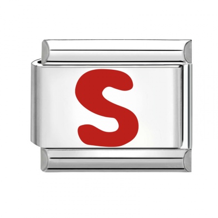 Picture of 1 Piece 304 Stainless Steel Capital Alphabet Initial Letter Name Italian Charm Links For DIY Bracelet Jewelry Making Silver Tone Red Enamel Rectangle Message " S " 10mm x 9mm