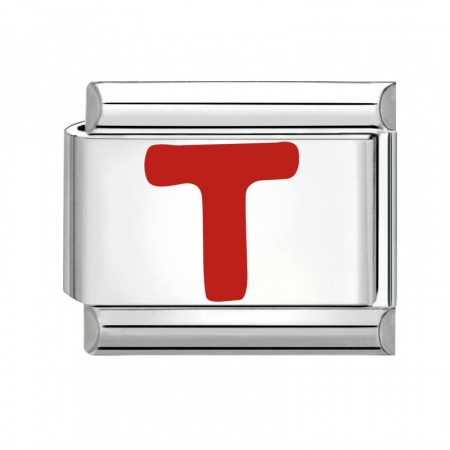 Picture of 1 Piece 304 Stainless Steel Capital Alphabet Initial Letter Name Italian Charm Links For DIY Bracelet Jewelry Making Silver Tone Red Enamel Rectangle Message " T " 10mm x 9mm