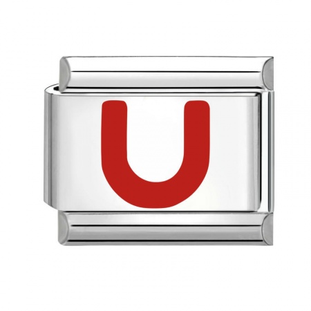 Picture of 1 Piece 304 Stainless Steel Capital Alphabet Initial Letter Name Italian Charm Links For DIY Bracelet Jewelry Making Silver Tone Red Enamel Rectangle Message " U " 10mm x 9mm