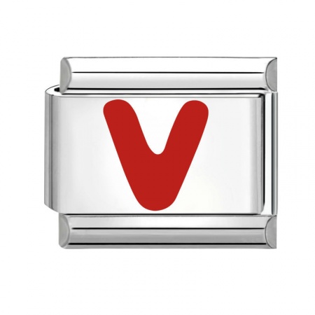 Picture of 1 Piece 304 Stainless Steel Capital Alphabet Initial Letter Name Italian Charm Links For DIY Bracelet Jewelry Making Silver Tone Red Enamel Rectangle Message " V " 10mm x 9mm
