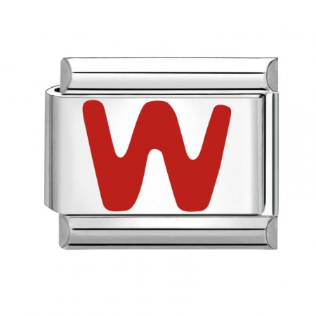 Picture of 1 Piece 304 Stainless Steel Capital Alphabet Initial Letter Name Italian Charm Links For DIY Bracelet Jewelry Making Silver Tone Red Enamel Rectangle Message " W " 10mm x 9mm