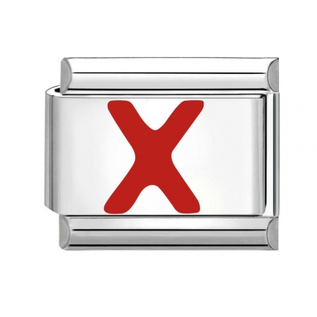 Picture of 1 Piece 304 Stainless Steel Capital Alphabet Initial Letter Name Italian Charm Links For DIY Bracelet Jewelry Making Silver Tone Red Enamel Rectangle Message " X " 10mm x 9mm