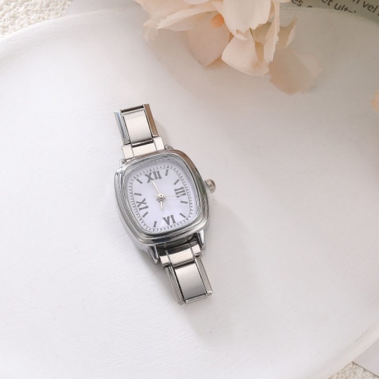 Picture of 1 Piece 304 Stainless Steel Stylish & Casual Italian Charm Links Watch Face For DIY Jewelry Making Silver Tone White Rectangle 5.7cm x 2.5cm