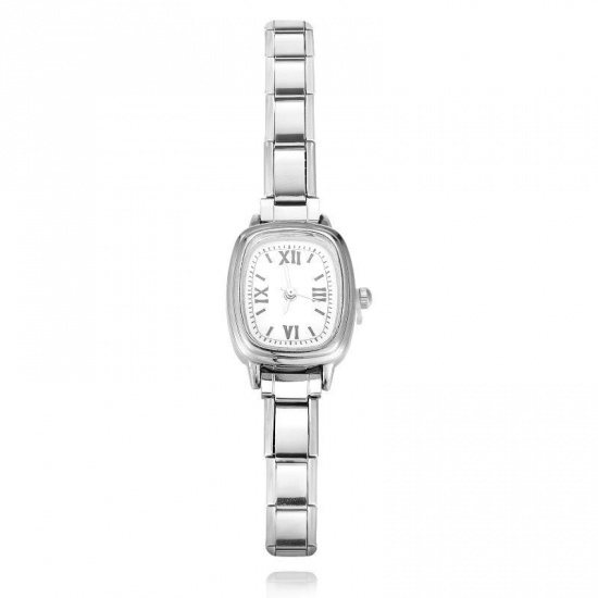Picture of 1 Piece 304 Stainless Steel Stylish & Casual Italian Charm Links Modular Wrist Watch Silver Tone White Rectangle 18.5cm(7 2/8") long