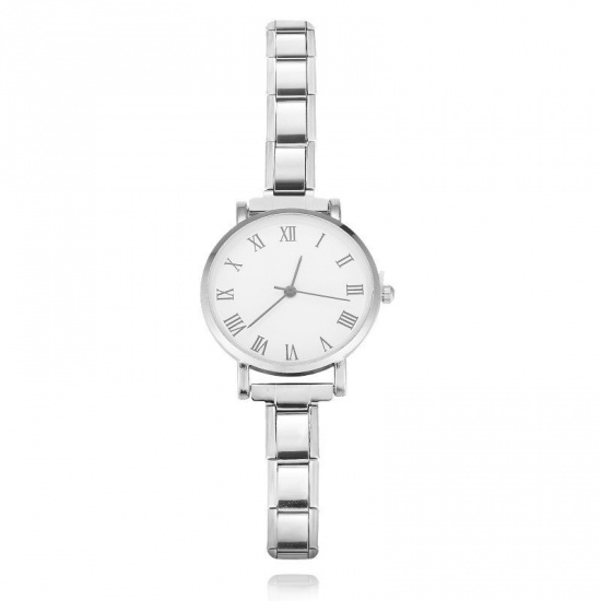 Picture of 1 Piece 304 Stainless Steel Stylish & Casual Italian Charm Links Modular Wrist Watch Silver Tone White Round 18.5cm(7 2/8") long