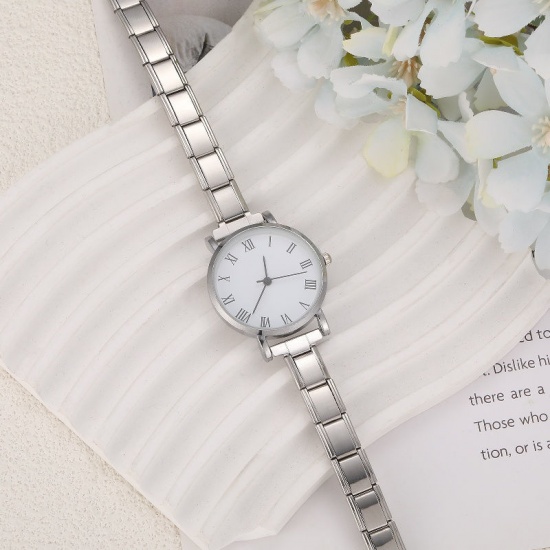 Picture of 1 Piece 304 Stainless Steel Stylish & Casual Italian Charm Links Modular Wrist Watch Silver Tone White Round 18.5cm(7 2/8") long